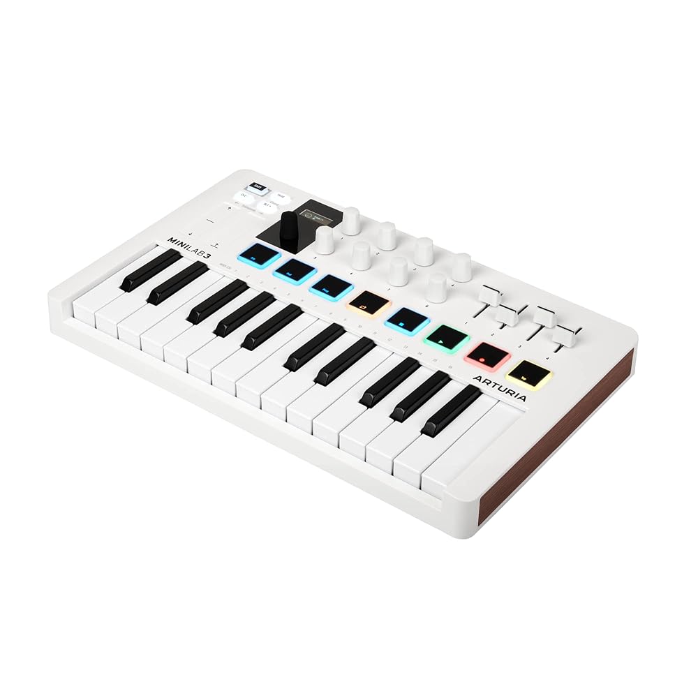 Arturia – MiniLab 3 Clavier MIDI Arturia - MiniLab 3 - Clavier Contrôleur MIDI Universel pour Production Musicale, Fourni avec une Suite de Logiciels Créatifs - 25 Mini Touches, 8 Pads Multicolores - Blanc