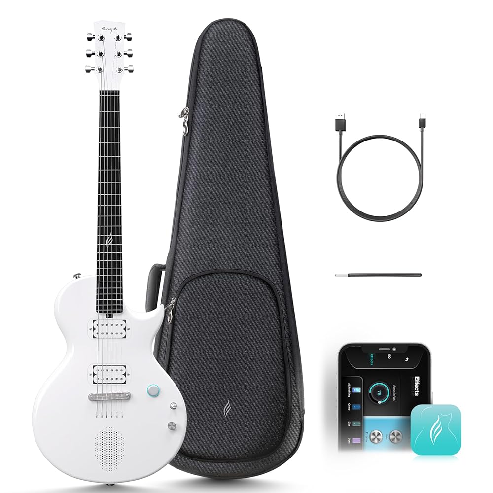 Enya – Guitare Électrique Nova Go Sonic Enya Guitare Électrique Nova Go Sonic - Guitarra Smart Blanche en Fibre de Carbone avec Haut-Parleur sans fil 10 W, Préréglages Intégrés, Câble de Chargement, Clé de Réglage et...