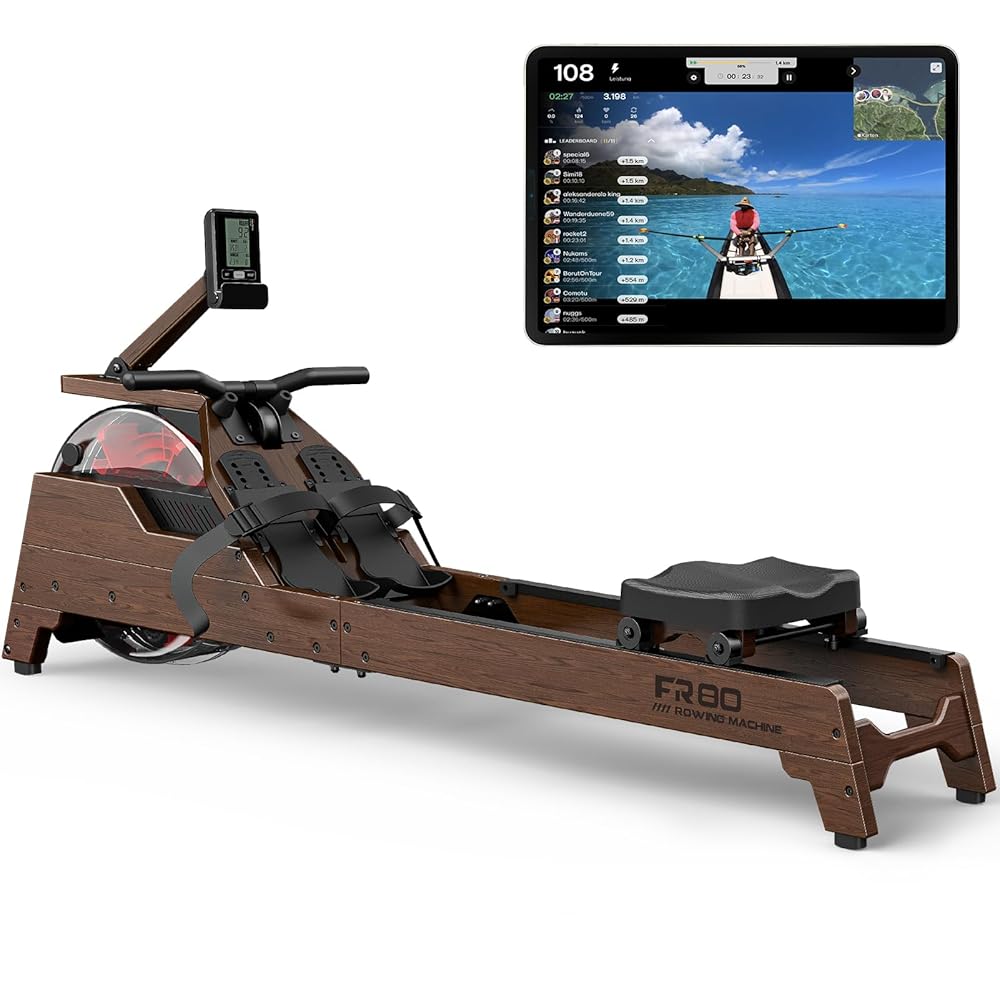 FYSIQ – Rameur en bois avec réservoir d’eau FYSIQ Rameur pour la maison - En bois de qualité supérieure - Avec réservoir d'eau à 90° pour 50 % de résistance en plus - Avec écran Bluetooth - Taille maximale de...