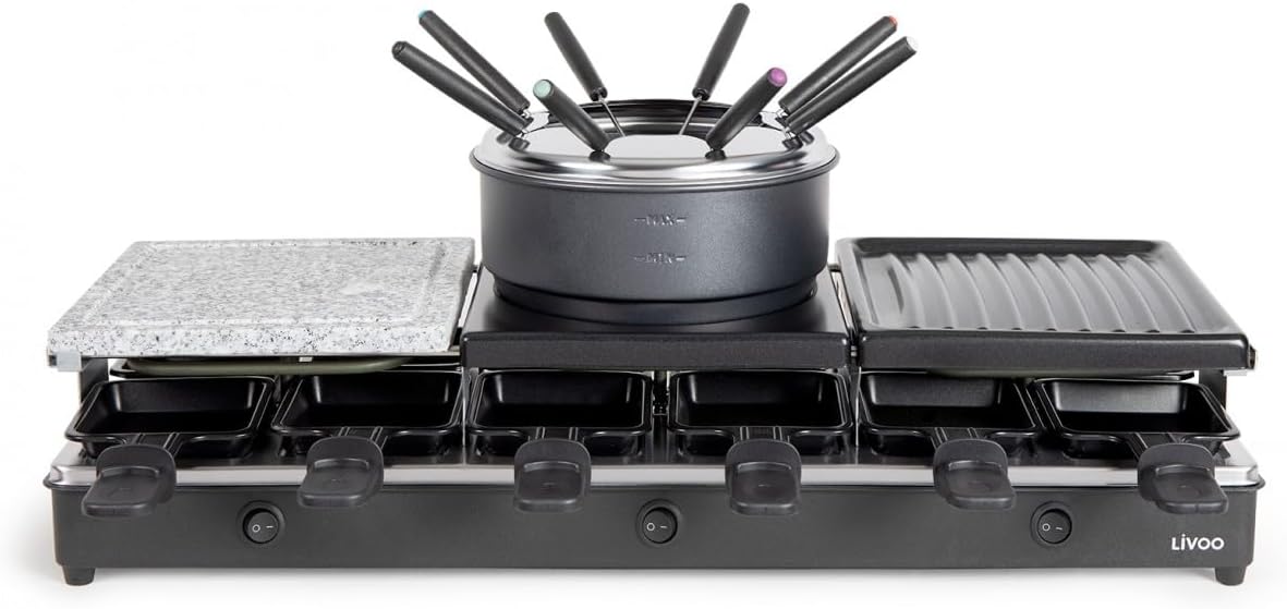 Livoo – Appareil à raclette/fondue 12 personnes Livoo - Appareil à raclette/fondue 12 personnes - 5 en 1, puissance 1650 W, 3 thermostats