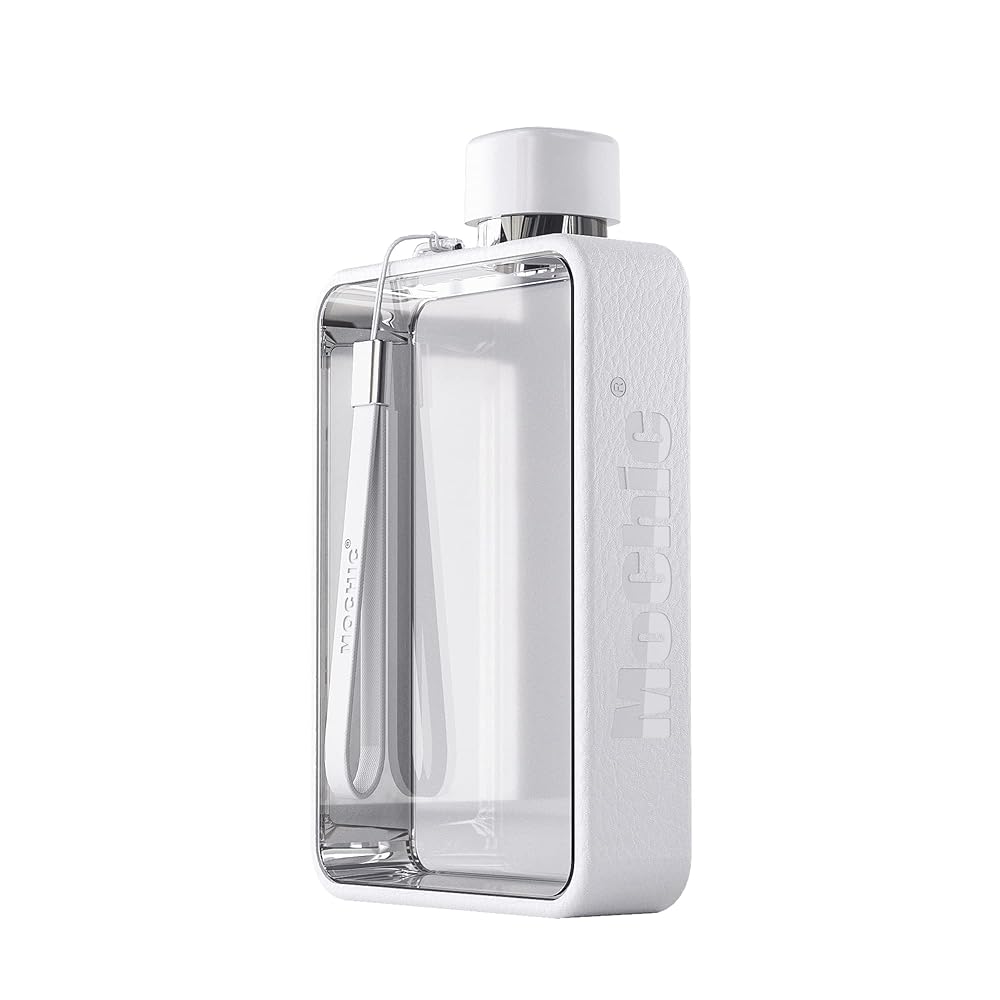 Bouteille d’eau plate de voyage portable MoChic Bouteille d'eau plate de voyage portable sans BPA A5 pour le sport, le camping, la gym, le fitness en plein air 368,5 g, se glisse dans n'importe quel sac (blanc)