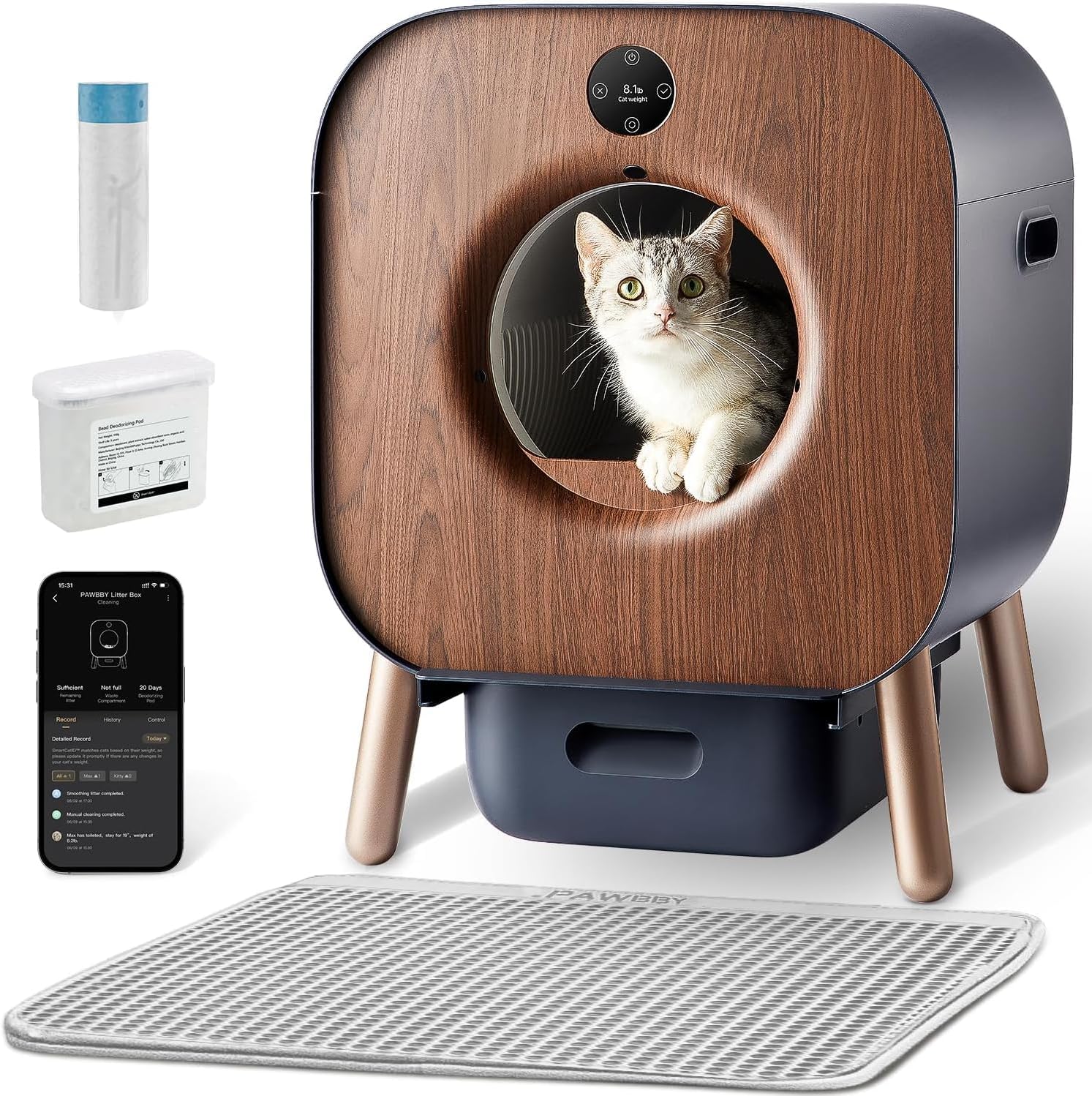 PAWBBY P1 Litière Autonettoyante PAWBBY P1 Ultra Litiere Autonettoyante,Certifiée par Le TÜV,Bac à Litière,élimination des Odeurs,Contrôle APP,Litière avec Tapis de Litière pour 8 kg Chat