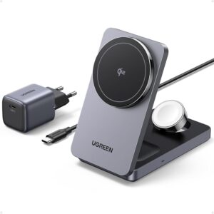 Chargeur Induction iPhone 3 en 1 UGREEN MagFlow Qi2 Chargeur Induction iPhone 3 en 1 Certifié 15W Compatible avec MagSafe iPhone 16 Pro Max Plus 15 14 13 12 AirPods 4 3 2 Pro iWatch Chargeur sans Fil Magnétique...